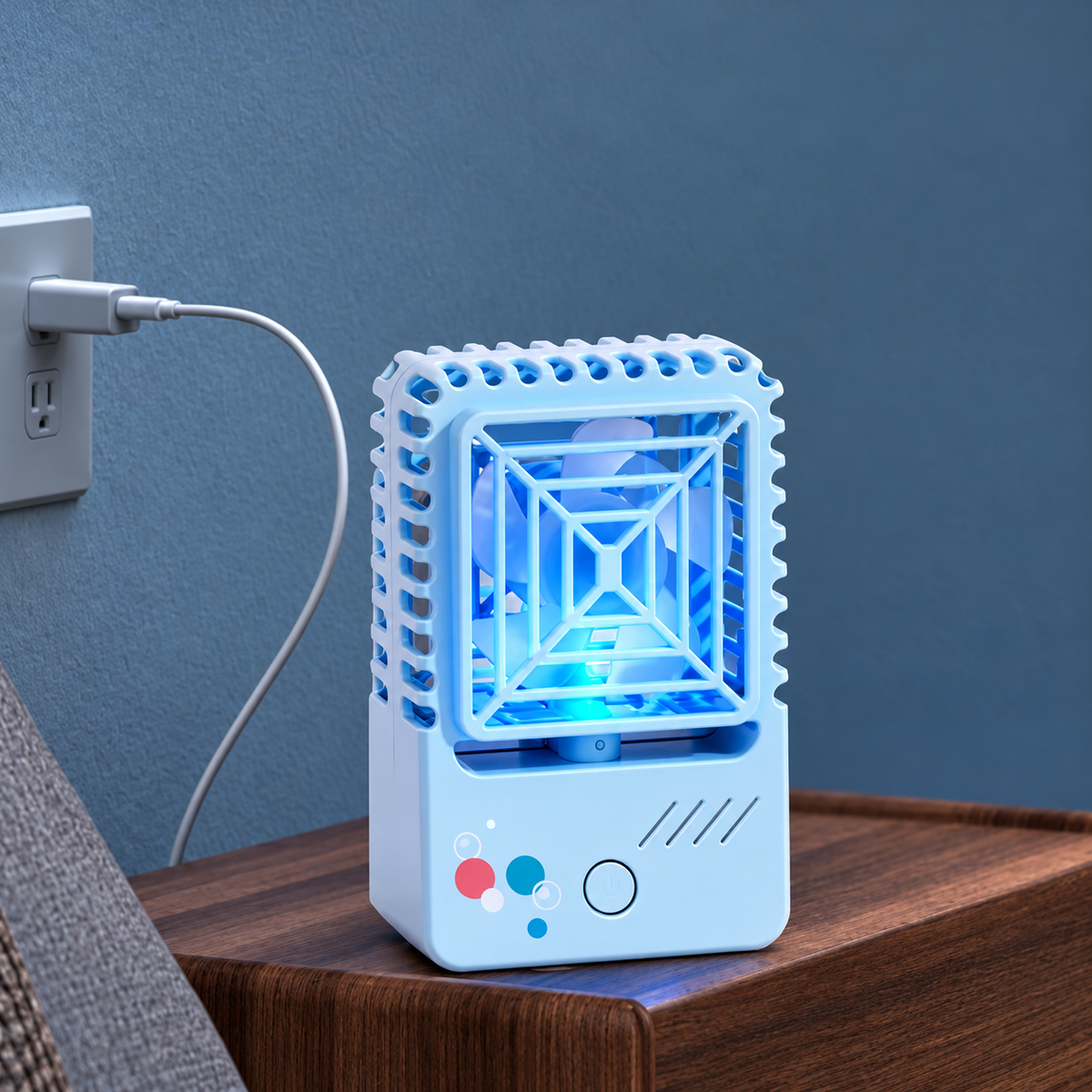 Sky Blue Usb Rechargeable Square Mini Desktop Fan With Night Light And Mesh Safety Cover
